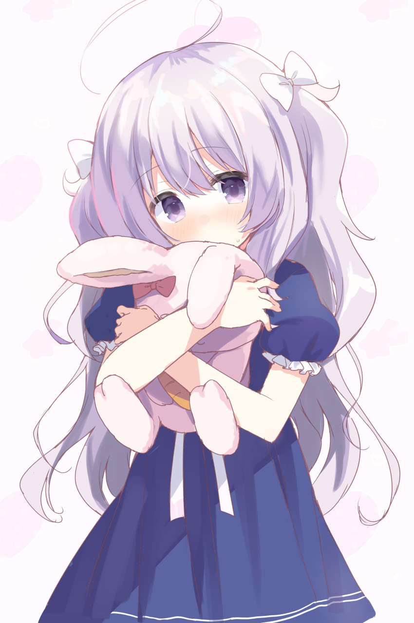 1girl, absurdres, ahoge, anata_ni_koi_suru_ren'ai_recette, blue_dress, blush, bow, commentary