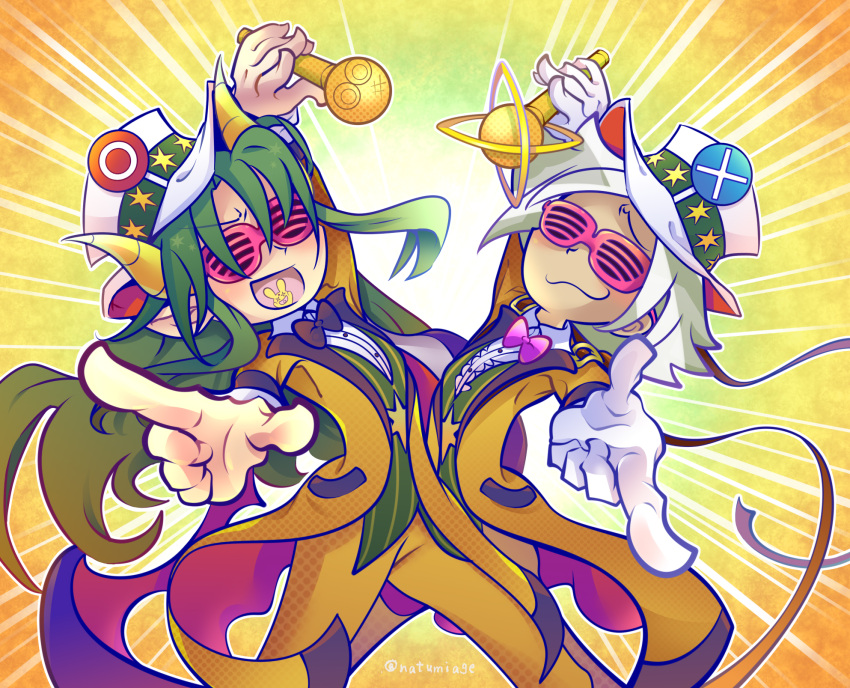 2boys, 6632k, :3, :d, arm_up, artist_name, black_bow, black_bowtie