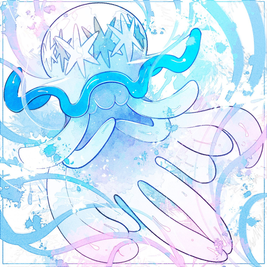 blue_background, colored_skin, hat, highres, jellyfish, loki_(regulus_1111), nihilego, no_eyes, own_hands_clasped, own_hands_together, paint_splatter, pokemon, pokemon_(creature), white_background, white_hair, white_skin