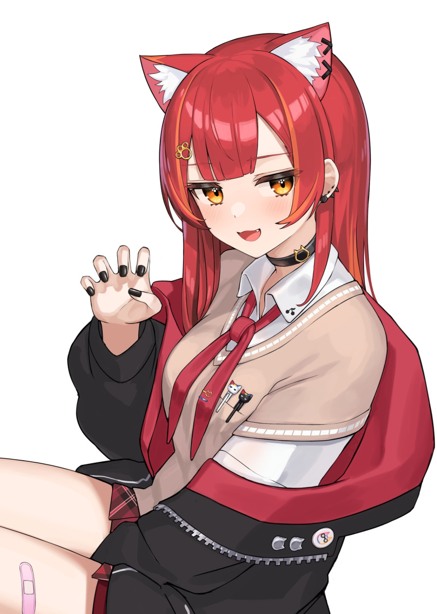 1girl, :3, absurdres, animal_ears, bandaid, black_choker, black_jacket, black_nails