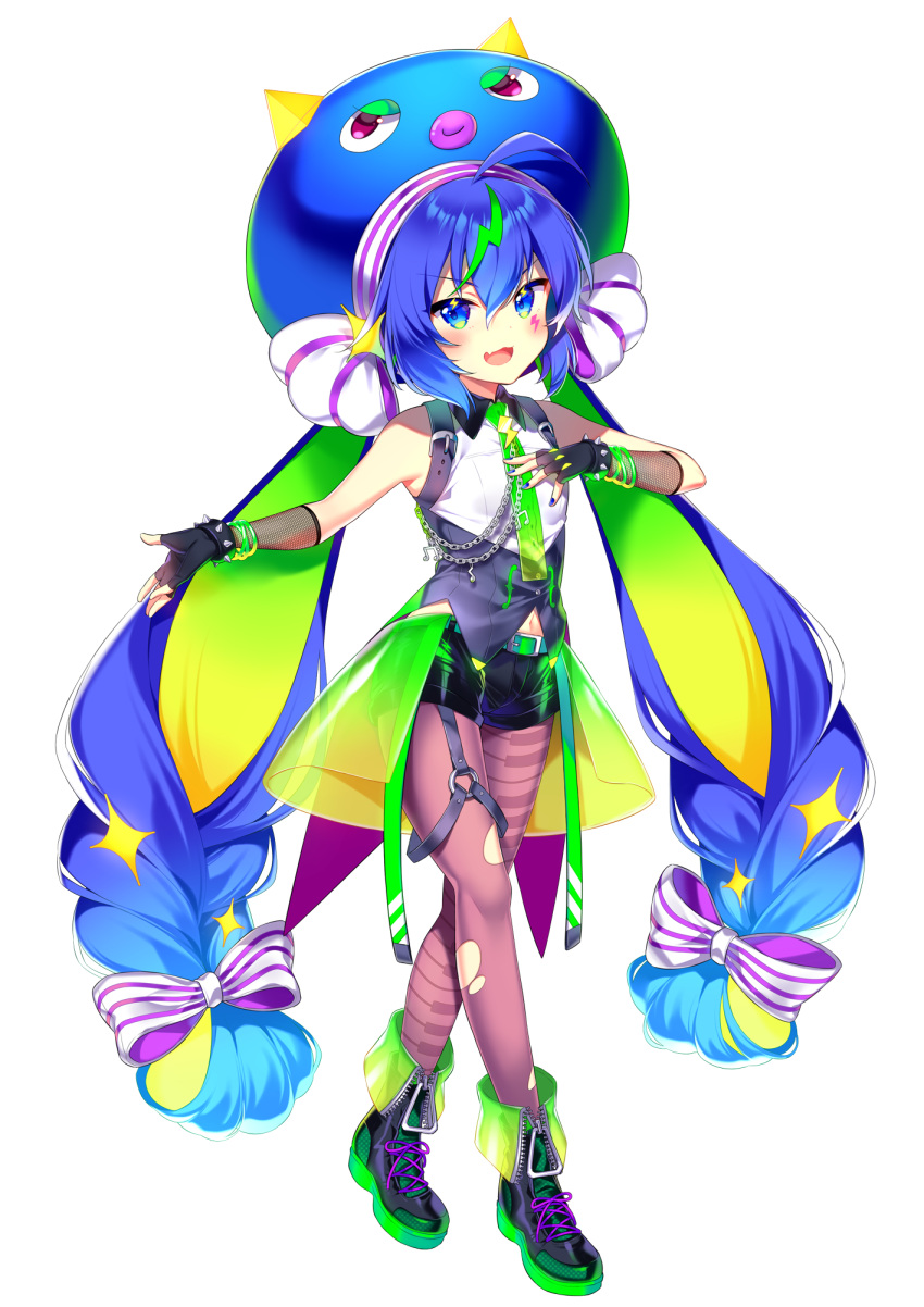 >:), ahoge, ankle_boots, bare_shoulders, belt, blue_eyes, blue_hair, boots