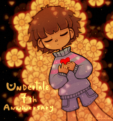 1other, androgynous, anniversary, brown_hair, closed_eyes, copyright_name, flower, frisk_(undertale), heart, linterteatime, long_sleeves, lowres, other_focus, shirt, short_hair, shorts, striped_clothes, striped_shirt, striped_sweater, sweater, undertale