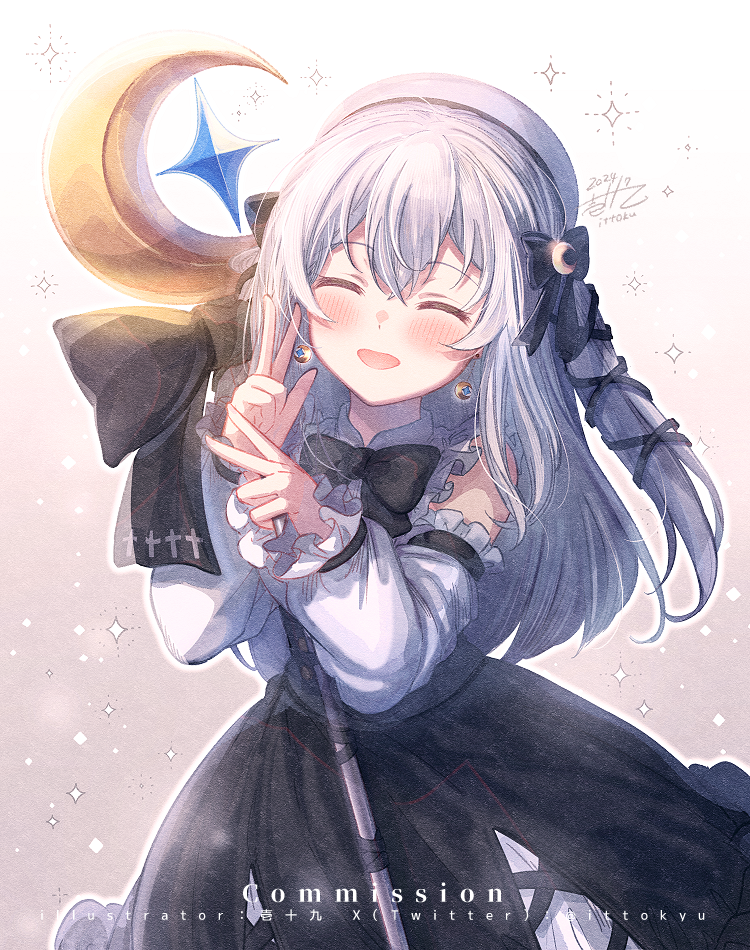 1girl, :d, ^_^, beret, black_bow, black_ribbon, black_skirt, blush