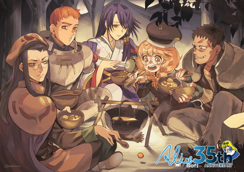 2girls, 3boys, armor, bowl, british_(rance), cafe_artful, campfire, cape