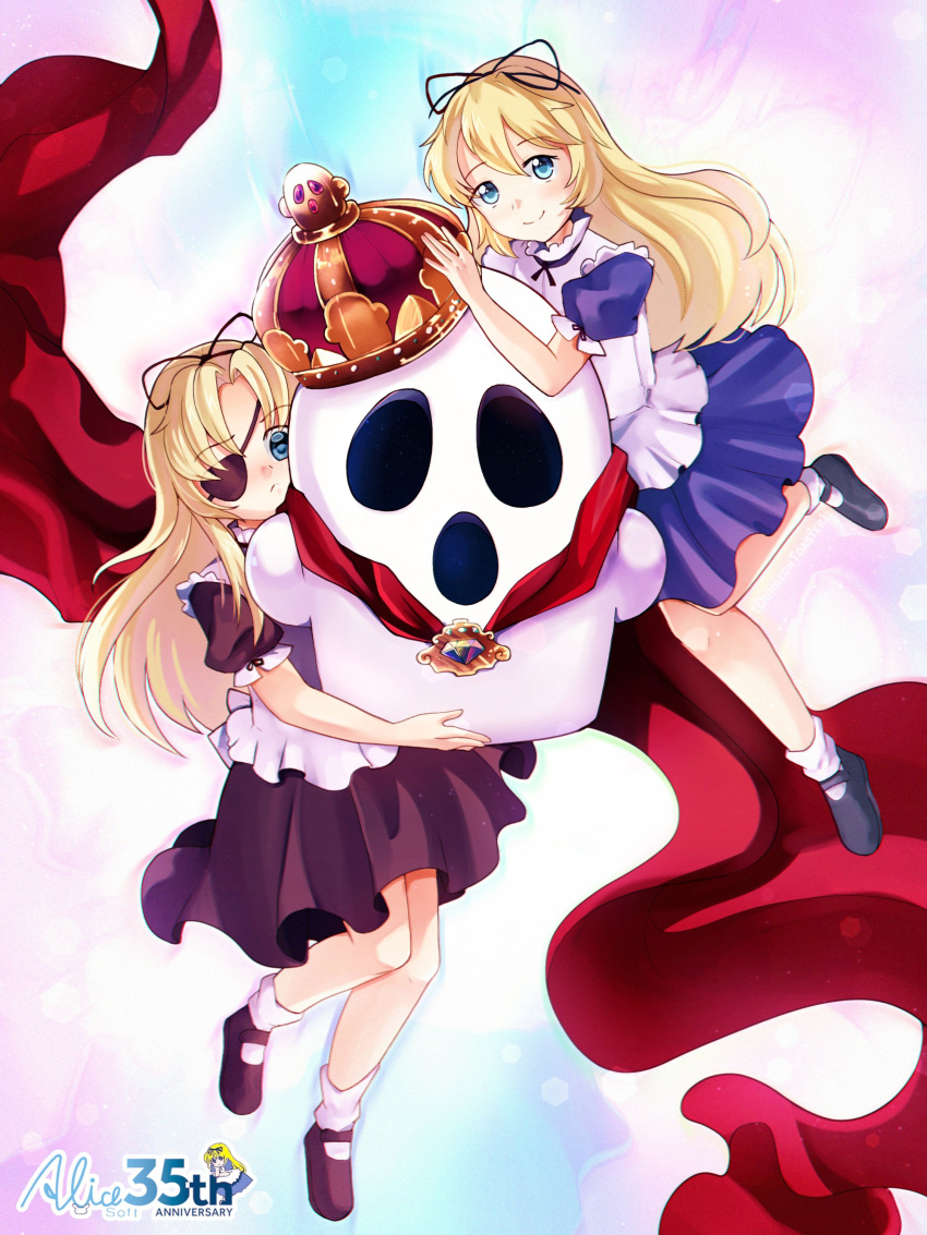 2girls, absurdres, alice_(alicesoft), alicesoft, apron, black_dress, blonde_hair, blue_dress, blue_eyes, blush, cape, crown, dress, dual_persona, dungeon_toaster, eyepatch, full_body, haniwa_(statue), hanny_king, highres, long_hair, multiple_girls, red_cape, smile, yami_alice