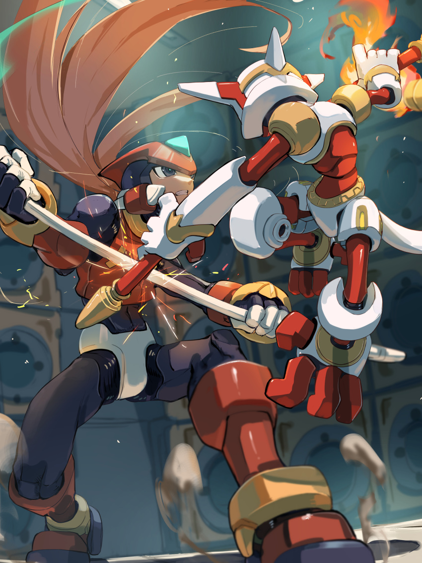 2boys, absurdres, armor, battle, blonde_hair, fiery_tail, forehead_jewel, hanumachine_(mega_man)