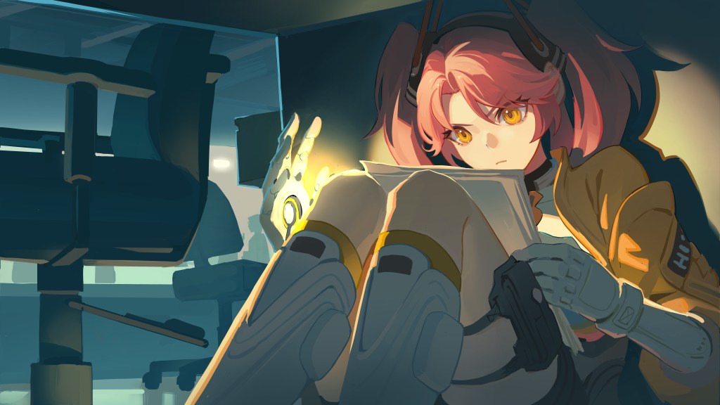1girl, eos_(trigger_of_fate_the_novita), holding, holding_paper, paper, pink_hair, sitting, trigger_of_fate_the_novita