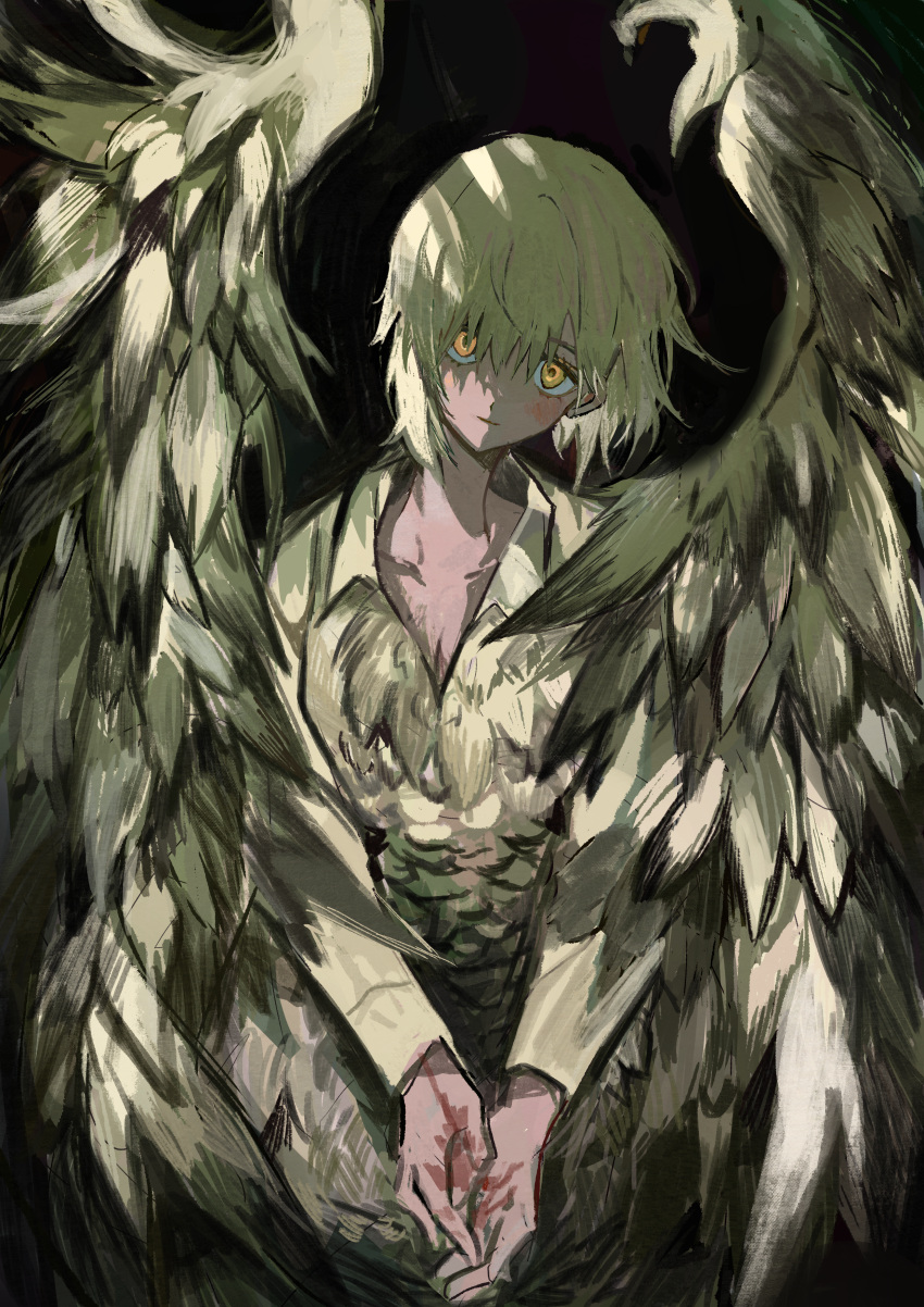 12anchovy, 1girl, absurdres, black_background, blonde_hair, blood, blood_on_hands, chimera