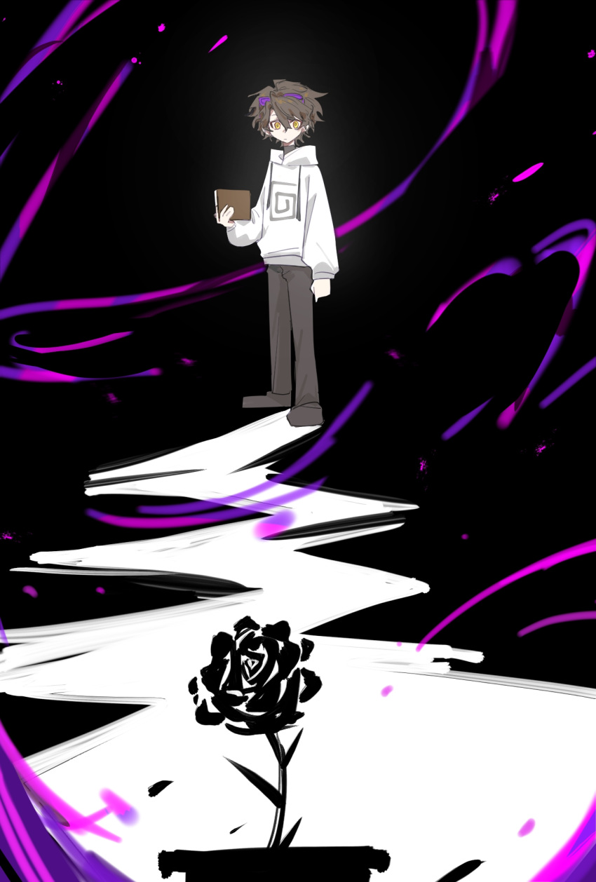 1boy, asouhyn, book, brown_hair, chinese_commentary, commentary_request, dream_smp, flower, full_body, goggles, goggles_on_head, highres, holding, holding_book, hood, hood_down, hoodie, karl_jacobs, looking_at_viewer, male_focus, minecraft_youtube, official_alternate_costume, pants, short_hair, solo, standing, tales_from_the_smp, white_hoodie, yellow_eyes