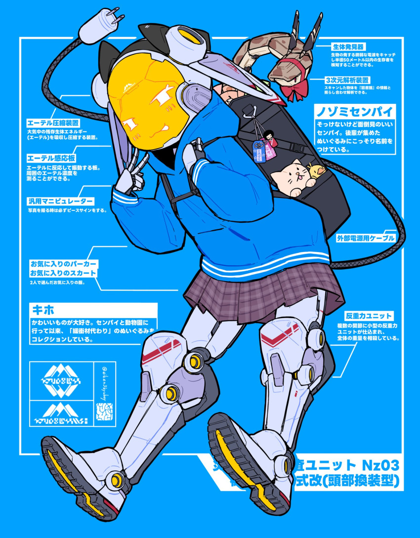 1girl, :p, backpack, bag, black_bag, blue_background, blue_hoodie, blush