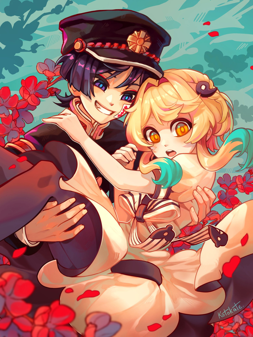 1boy, 1girl, absurdres, alternate_hair_color, aqua_pupils, artist_name, black_pantyhose, black_trim