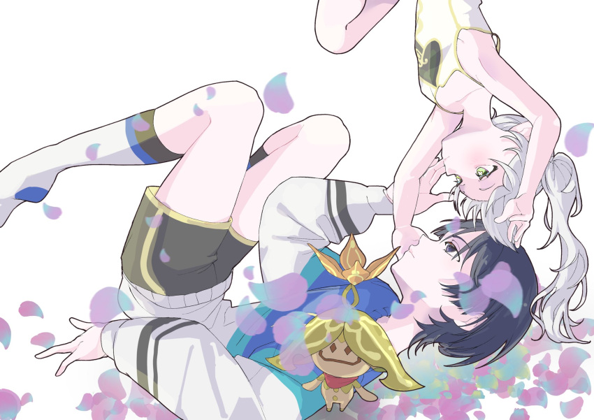 1boy, 1girl, alternate_costume, aranara_(genshin_impact), arm_at_side, armpits, black_eyes, black_hair, black_jacket, black_shorts, black_trim, blue_jacket, blue_trim, blunt_ends, camisole, closed_mouth, collarbone, contemporary, couple, expressionless, genshin_impact, gold_trim, green_eyes, green_hair, green_trim, gym_shorts, hand_on_another's_face, heart, heart_print, hetero, highres, jacket, knee_up, kneehighs, knees_up, legs_folded, legs_up, long_sleeves, looking_at_another, lying, multicolored_clothes, multicolored_hair, multicolored_jacket, nahida_(genshin_impact), odenmarket, on_back, open_hands, petals, petals_on_ground, reaching_towards_another, scaramouche_(genshin_impact), shorts, side_ponytail, socks, streaked_hair, track_jacket, two-tone_jacket, upside-down, white_camisole, white_hair, white_sleeves, white_socks