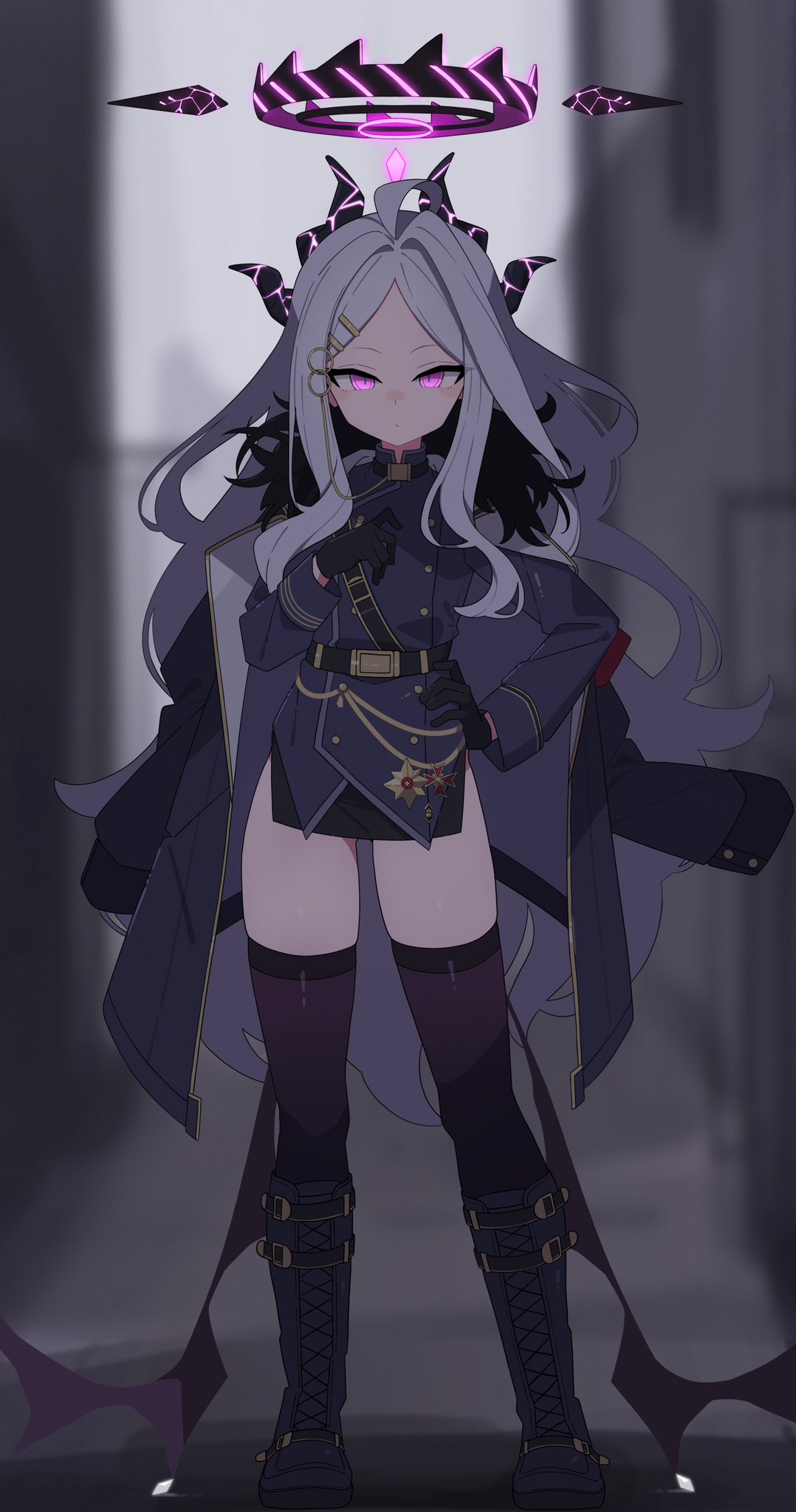 1girl, ahoge, belt, black_horns, blue_archive, boots, demon_girl, demon_horns