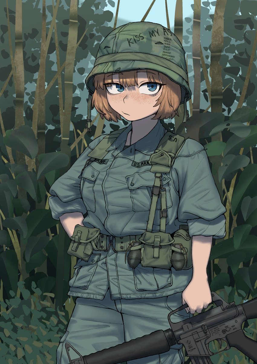 1girl, :/, absurdres, assault_rifle, bags_under_eyes, bamboo, belt_pouch, blue_eyes, closed_mouth, combat_helmet, cowboy_shot, explosive, fatigues, freckles, grenade, gun, hand_on_own_hip, helmet, highres, holding, holding_gun, holding_weapon, homeerosu, jungle, light_brown_hair, m16, m1_helmet, m26_grenade, medium_hair, military_uniform, nature, original, pouch, rifle, soldier, solo, united_states_army, vietnam_war, weapon