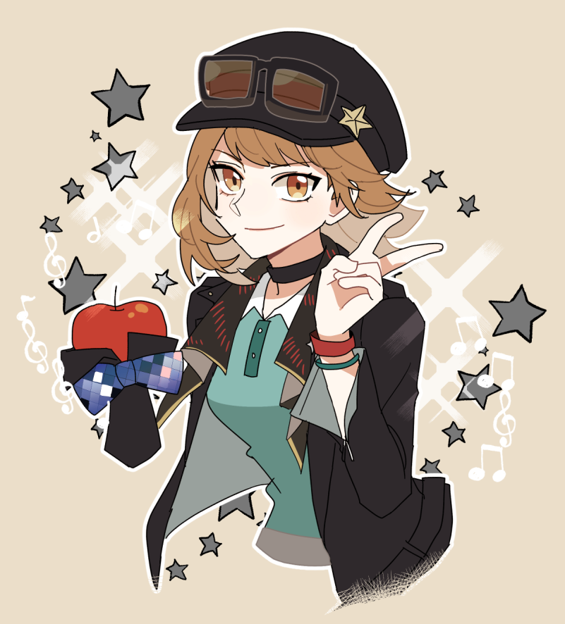 apple, apple_(reverse:1999), aqua_shirt, black_choker, black_hat, black_jacket, blue_bow, blue_bowtie