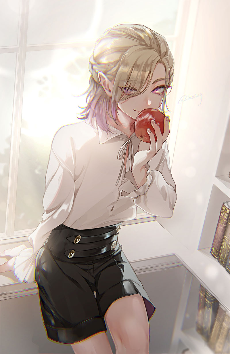 1boy, apple, bishounen, black_shorts, blonde_hair, bookshelf, commentary_request, food