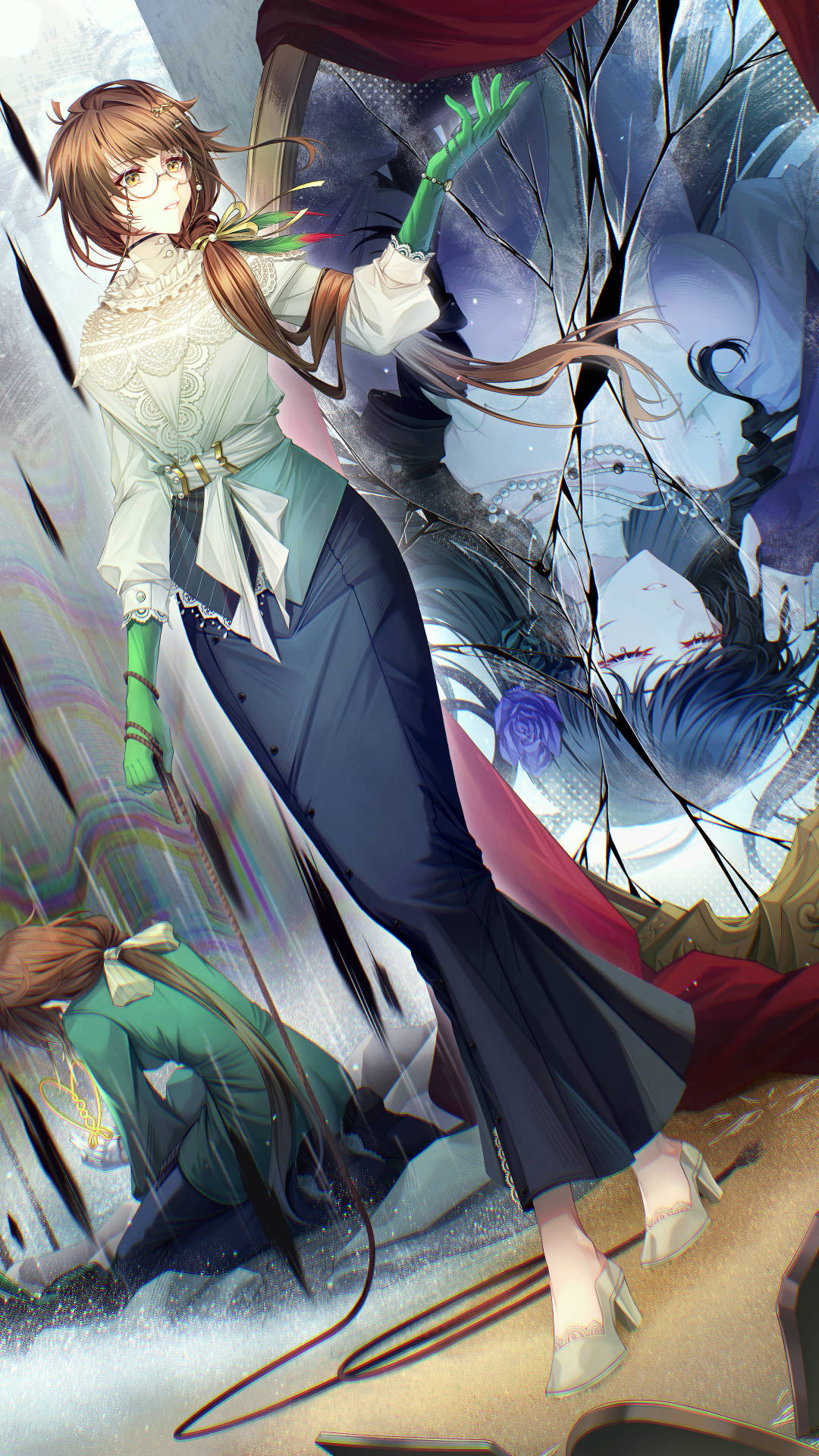 1girl, black_skirt, bow, broken_glass, brown_hair, dutch_angle, eyewear_strap, full_body
