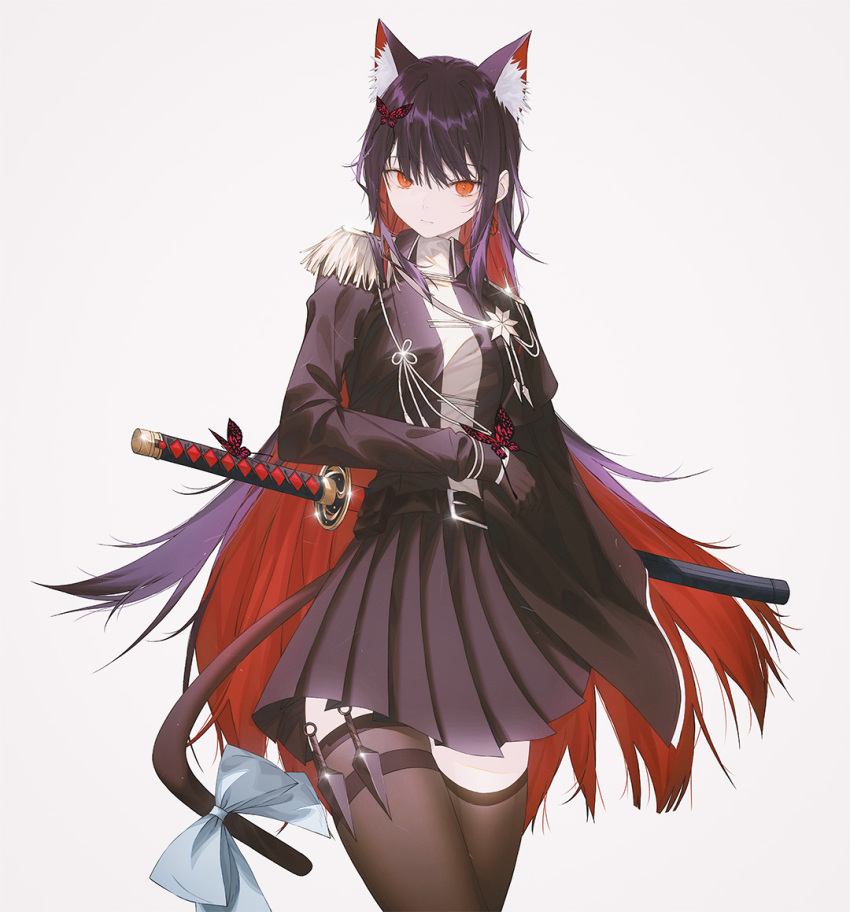 1girl, animal_ears, black_hair, black_swan_(e.g.o), black_thighhighs, breasts, bug, butterfly, cat_ears, cat_tail, epaulettes, fov_ps, katana, kunai, long_hair, looking_at_viewer, multicolored_hair, original, red_eyes, redhead, sheath, sheathed, simple_background, small_breasts, solo, sword, tail, thigh-highs, two-tone_hair, weapon, white_background