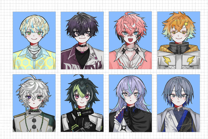 6+boys, :d, :o, ahoge, akagi_wen, antenna_hair, aqua_hair, bandaid