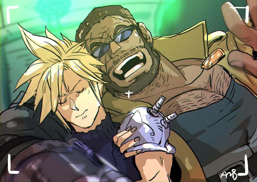 2boys, amu_(omoro3bot), arm_around_neck, barret_wallace, beard, black_tank_top, blonde_hair, blue_shirt, brown_hair, brown_vest, chest_hair, closed_eyes, cloud_strife, dark-skinned_male, dark_skin, dog_tags, facial_hair, final_fantasy, final_fantasy_vii, final_fantasy_vii_remake, furrowed_brow, highres, male_focus, multiple_boys, open_mouth, prosthetic_weapon, scar, scar_across_eye, shirt, short_hair, single_shoulder_pad, sleeveless, sleeveless_turtleneck, smile, spiky_hair, sunglasses, tank_top, turtleneck, upper_body, very_short_hair, vest, viewfinder