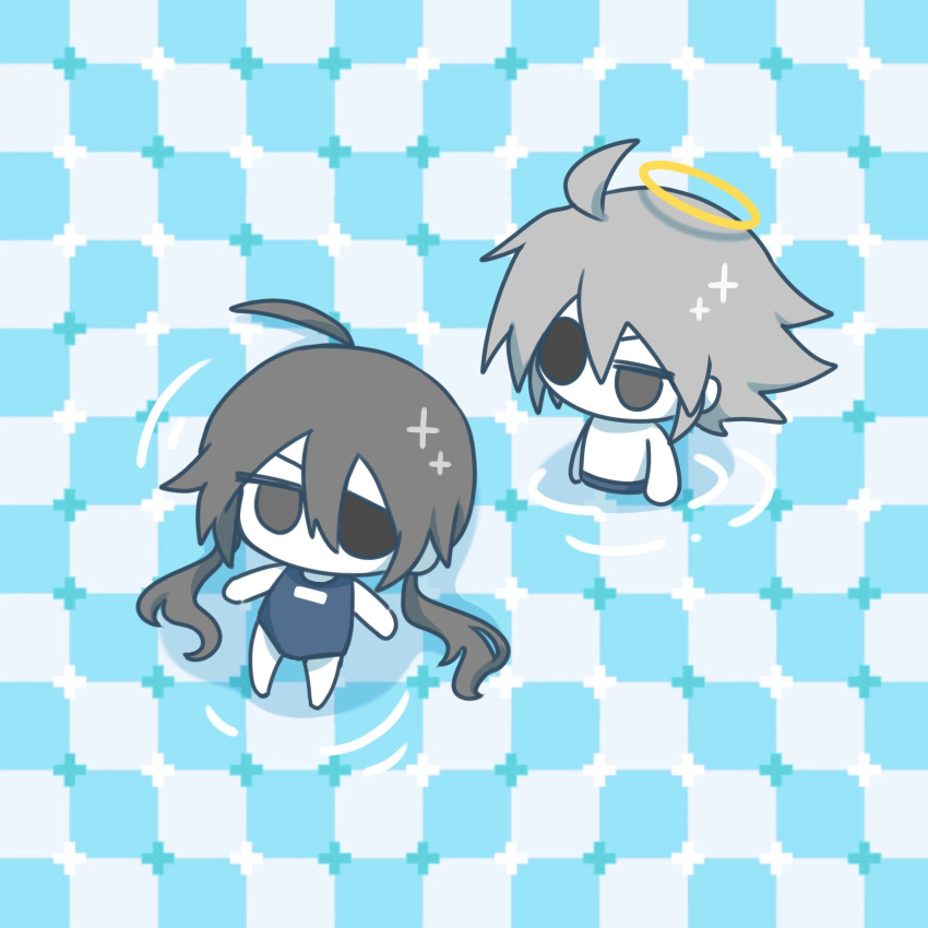 1boy, 1girl, ahoge, alela_grora_(funamusea), blue_one-piece_swimsuit, blue_shorts, chibi, chibi_only