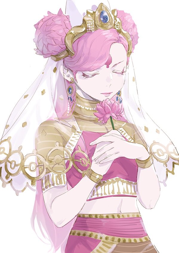 1girl, closed_eyes, crown, double_bun, facial_mark, flower, forehead_mark, hair_bun