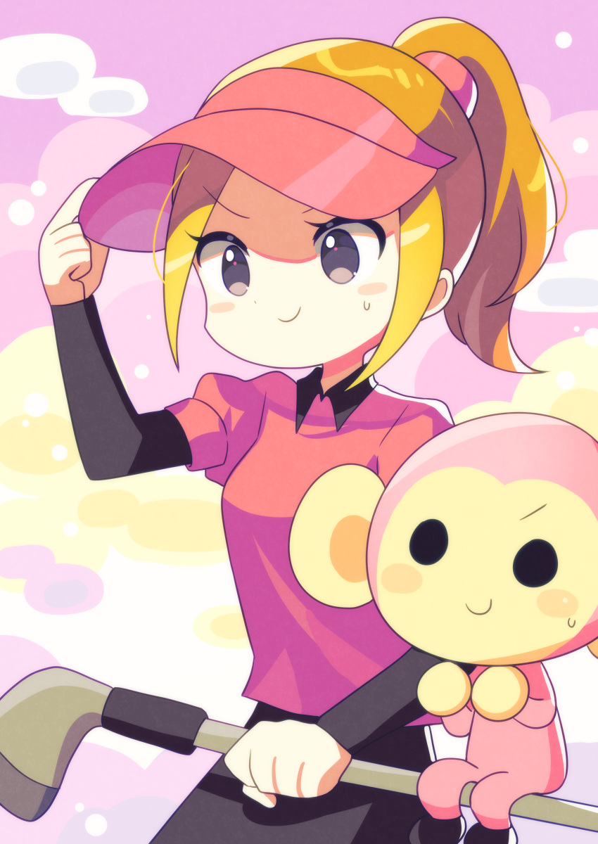 >:), 1girl, absurdres, animal, black_eyes, black_skirt, black_sleeves, blush, clouds, golf, golf_club, golfer_(rhythm_tengoku), hat, highres, holding, holding_golf_club, holding_hat, holding_unworn_clothes, looking_ahead, minna_no_rhythm_tengoku, monkey_(rhythm_tengoku), offbeat, orange_hair, pink_shirt, pink_sky, ponytail, rhythm_tengoku, shirt, sitting, skirt, sky, smile, sweatdrop, v-shaped_eyebrows, visor_cap