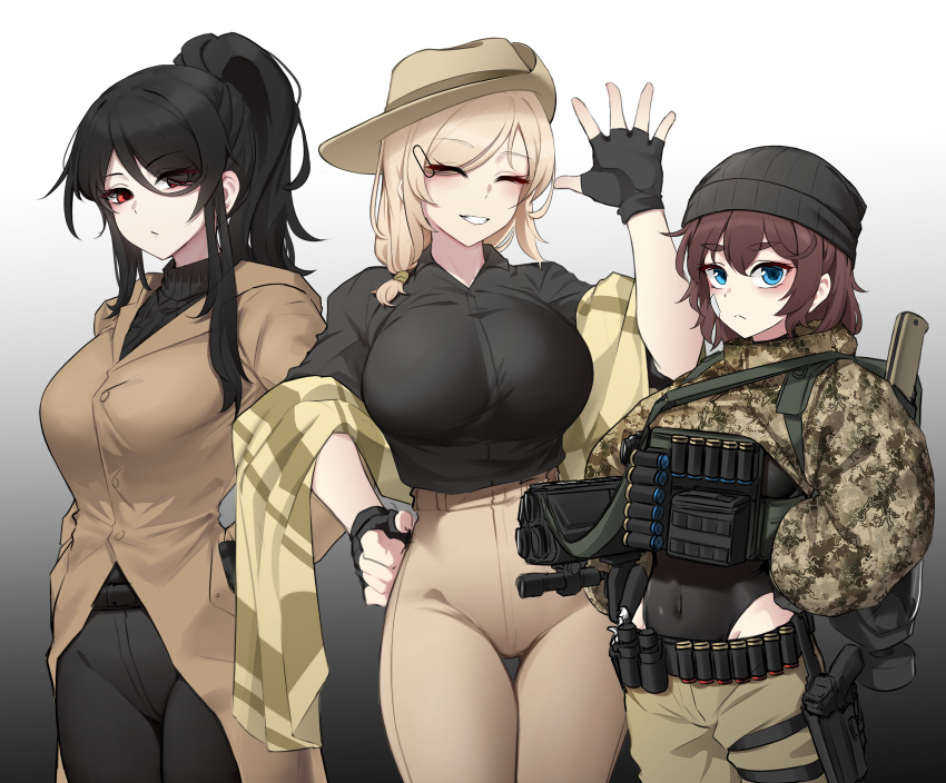3girls, :<, absurdres, ammunition_belt, backpack, bag, bandage_on_face, bandages