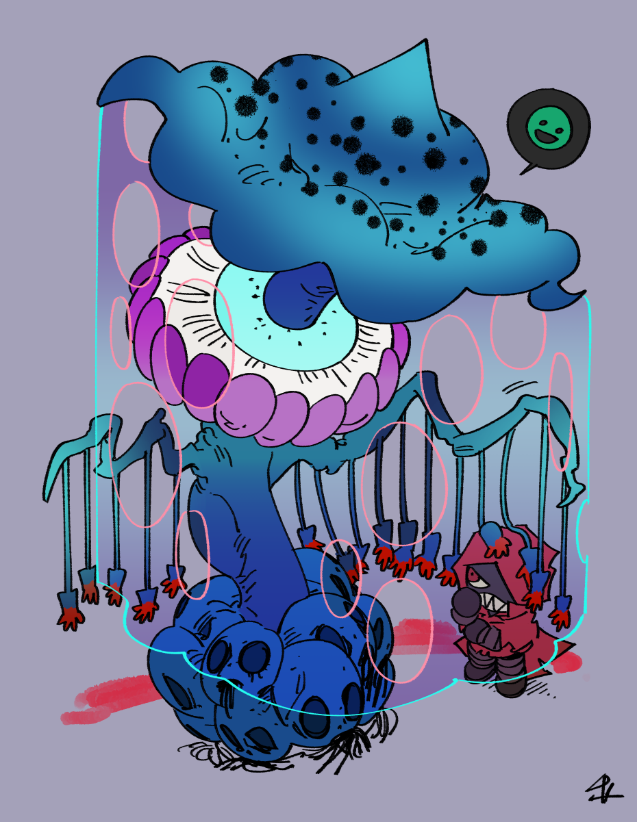 1girl, black_gloves, black_skin, blood, brown_footwear, cape, colored_skin, force_(4sk_force)