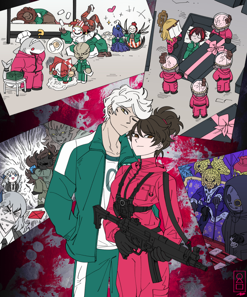 4girls, 6+others, argalia_(project_moon), black_gloves, black_hair, blonde_hair, bremen_(project_moon), church_of_gears_worshipper