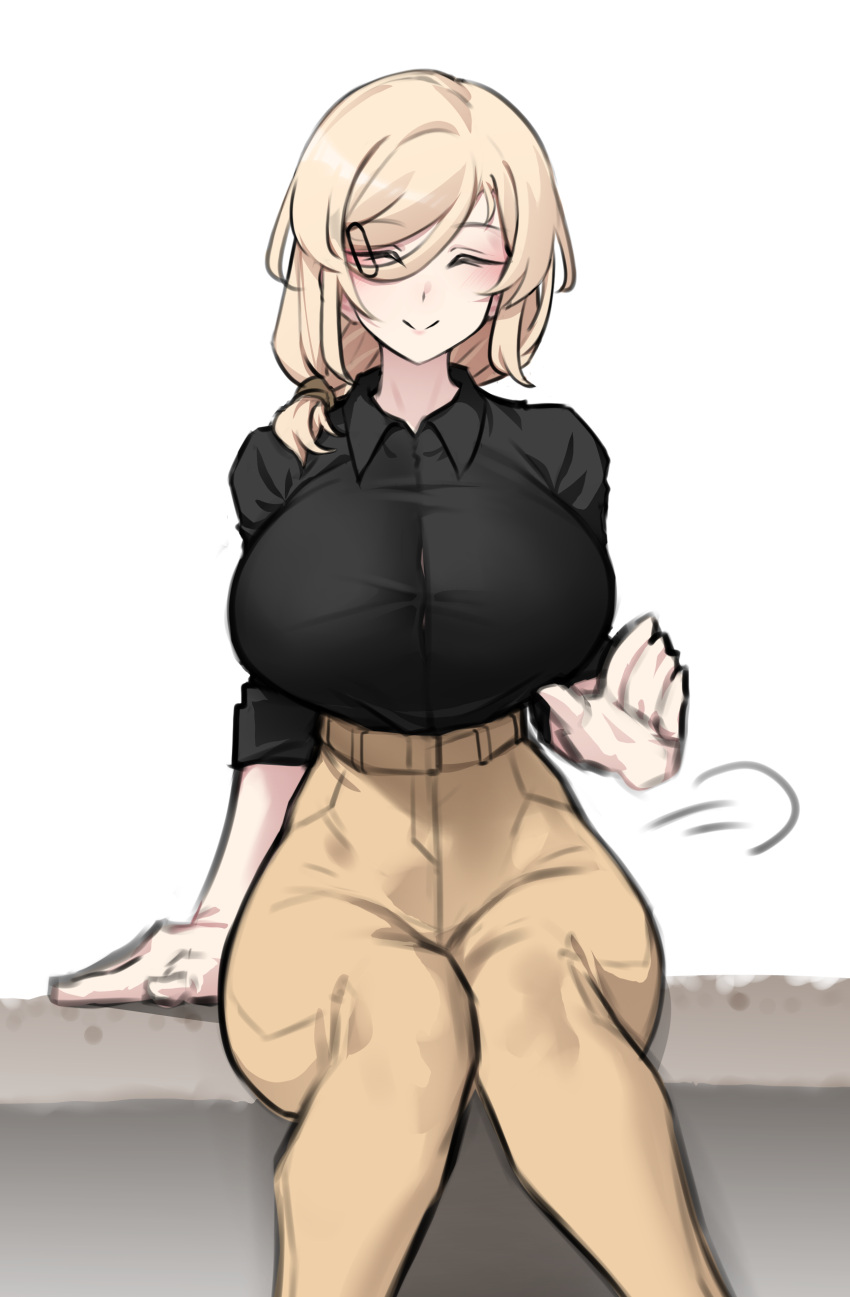 1girl, absurdres, black_shirt, blonde_hair, breasts, brown_pants, closed_eyes, collared_shirt