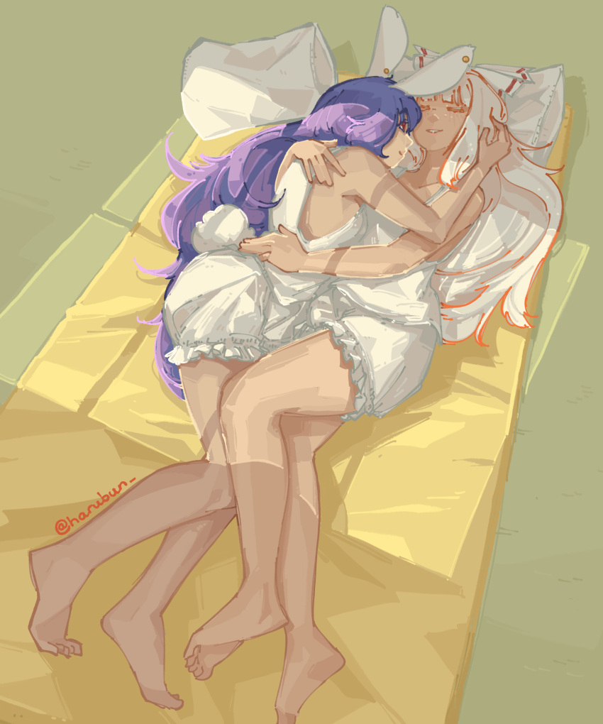 2girls, absurdres, animal_ears, barefoot, bloomers, camisole, closed_eyes, feet