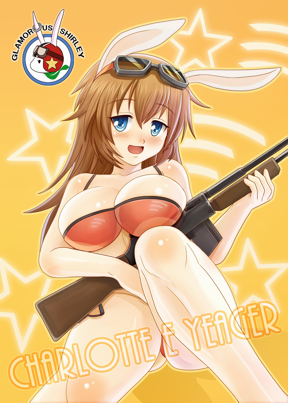 bar1918, blue_eyes, breasts, brown_hair, bunny_ears, charlotte_e_yeager, goggles, gun