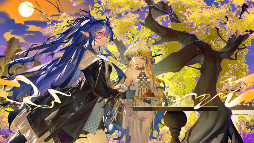 2girls, 9_vcat, absurdres, arknights, bare_shoulders, black_jacket, blonde_hair, blue_hair