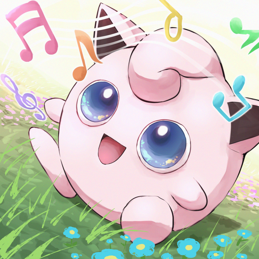 :d, absurdres, blue_eyes, commentary_request, day, grass, happy, highres, jigglypuff, music, musical_note, open_mouth, outdoors, pokemon, pokemon_(creature), singing, sitting, smile, spicyichizo, staff_(music)