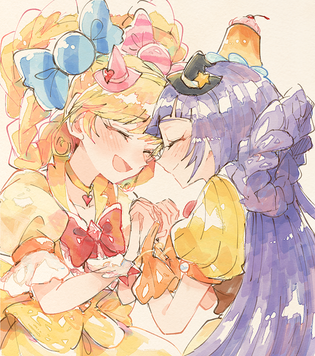 2girls, :d, asahina_mirai, black_hat, blonde_hair, blush, bow, bowtie