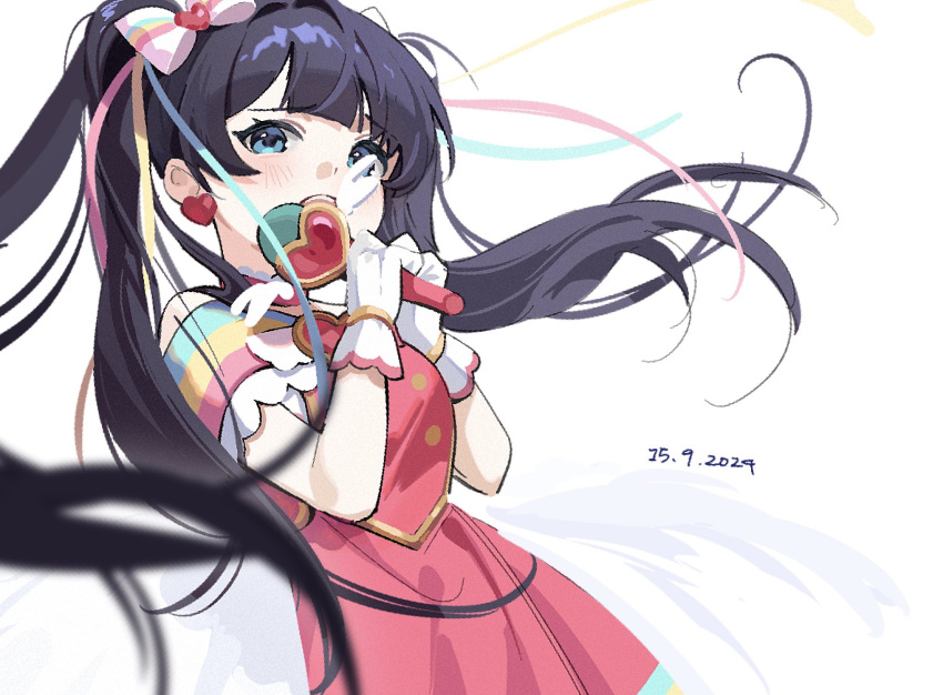 1girl, blue_eyes, blue_hair, blush, bow, cowboy_shot, dark_blue_hair, dated