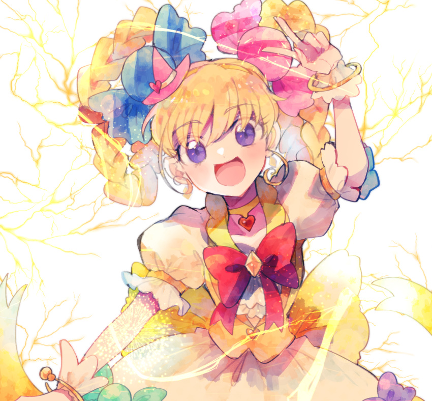 1girl, :d, asahina_mirai, blonde_hair, bow, bracelet, braid, choker, cure_miracle, cure_miracle_(topaz_style), dress, earrings, folded_twintails, hat, highres, itomugi-kun, jewelry, long_hair, looking_at_viewer, mahou_girls_precure!, mini_hat, open_mouth, pink_hat, precure, red_bow, short_sleeves, smile, solo, twin_braids, twintails, violet_eyes, witch_hat, yellow_choker, yellow_dress