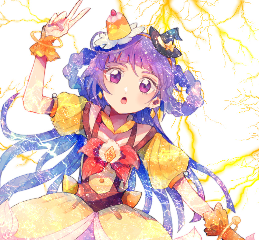 1girl, arm_up, black_hat, cure_magical, cure_magical_(topaz_style), dress, earrings, floating_hair, folded_twintails, hairband, hat, highres, itomugi-kun, izayoi_liko, jewelry, long_hair, looking_at_viewer, magical_girl, mahou_girls_precure!, mini_hat, open_mouth, orange_hairband, precure, purple_hair, short_sleeves, solo, v, very_long_hair, violet_eyes, witch_hat, wrist_cuffs, yellow_dress, yellow_gemstone