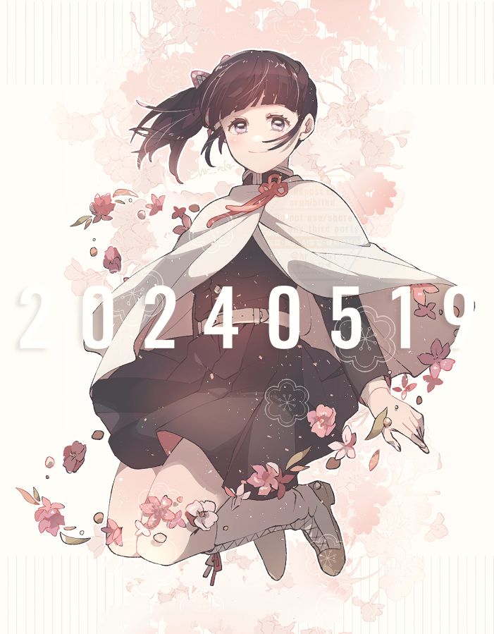 1girl, black_hair, black_jacket, black_skirt, blunt_bangs, boots, brown_eyes, capelet