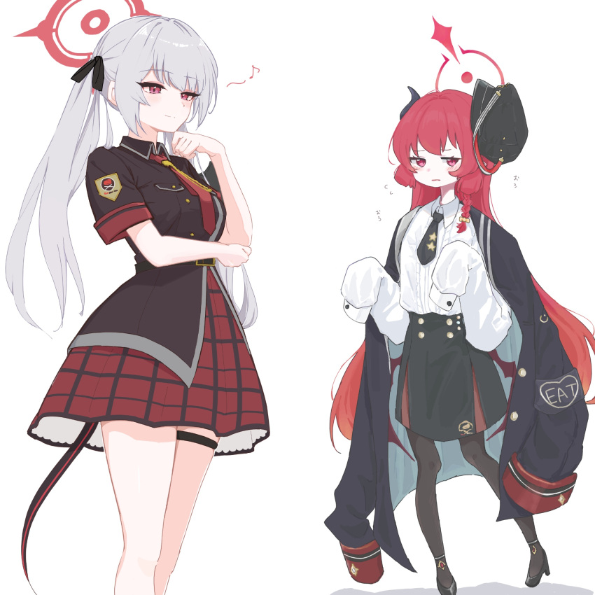 2girls, alternate_hairstyle, artist_collaboration, black_pantyhose, blue_archive, blush, commentary_request, cosplay