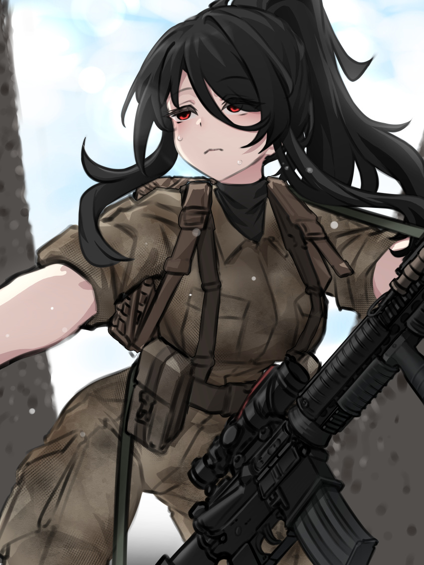 1girl, absurdres, acog, assault_rifle, backpack, bag, bandit-chan_(k0ng), black_hair