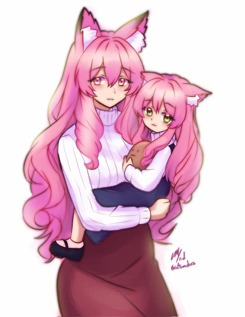 2girls, :3, akatsuki_(rotomdocs), animal_ears, blue_dress, carrying, child, child_carry
