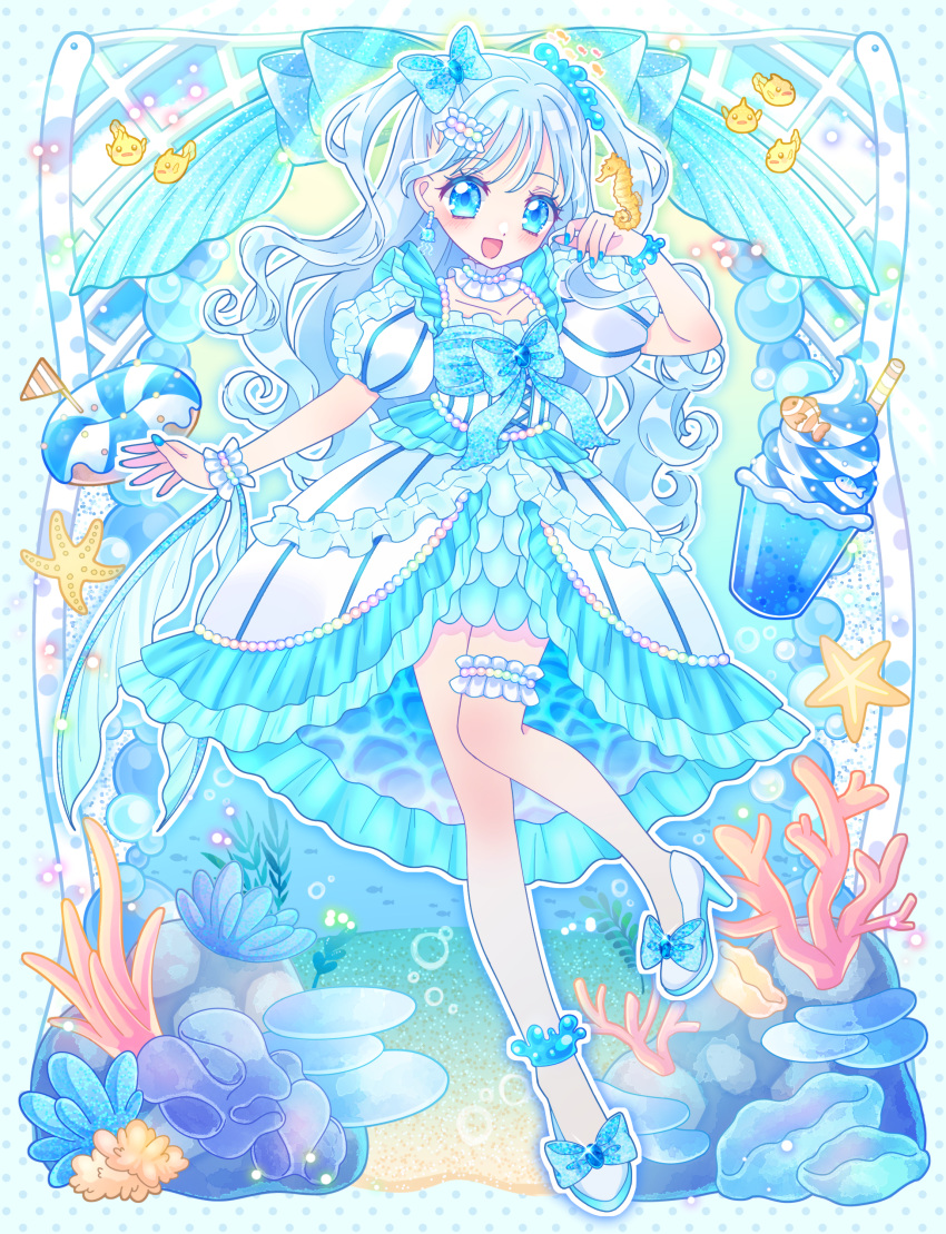 1girl, :d, absurdres, blue_bow, blue_eyes, blurry, bokeh, bow