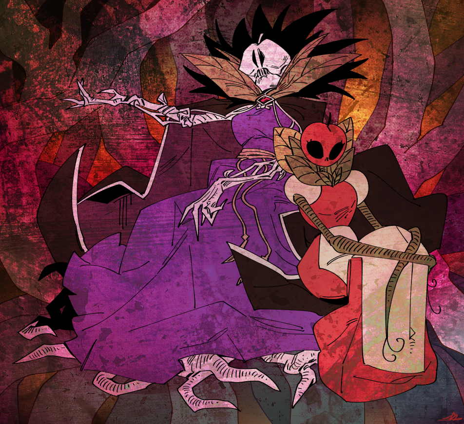 2girls, apple, apron, black_cape, breasts, brooch, cape, dress