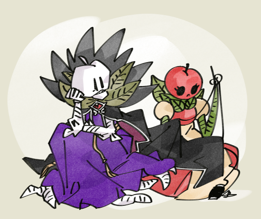 2girls, apple, black_cape, brooch, cape, dress, ebony_queen's_apple, food