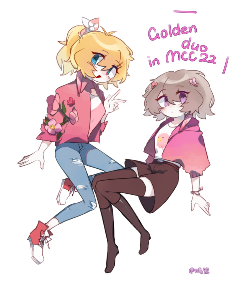 2girls, alternate_costume, aqua_eyes, blonde_hair, boots, chinese_commentary, commentary_request, denim