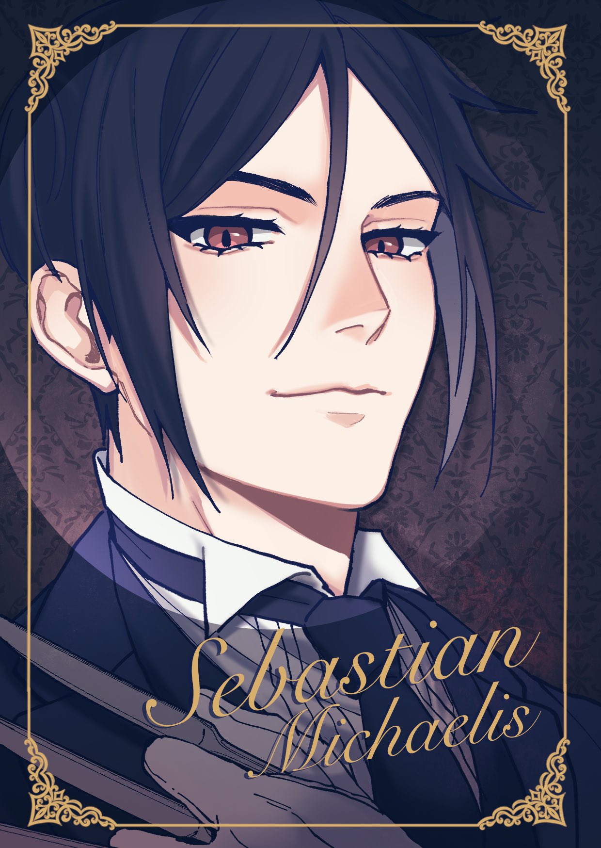 1boy, black_hair, black_necktie, black_suit, border, character_name, closed_mouth, english_commentary, fake_claws, gloves, hair_between_eyes, highres, holding, holding_weapon, kurosh00kie, kuroshitsuji, looking_at_viewer, male_focus, necktie, patterned_background, purple_background, sebastian_michaelis, short_hair, solo, suit, tuxedo_shirt, upper_body, weapon, white_gloves, yellow_border