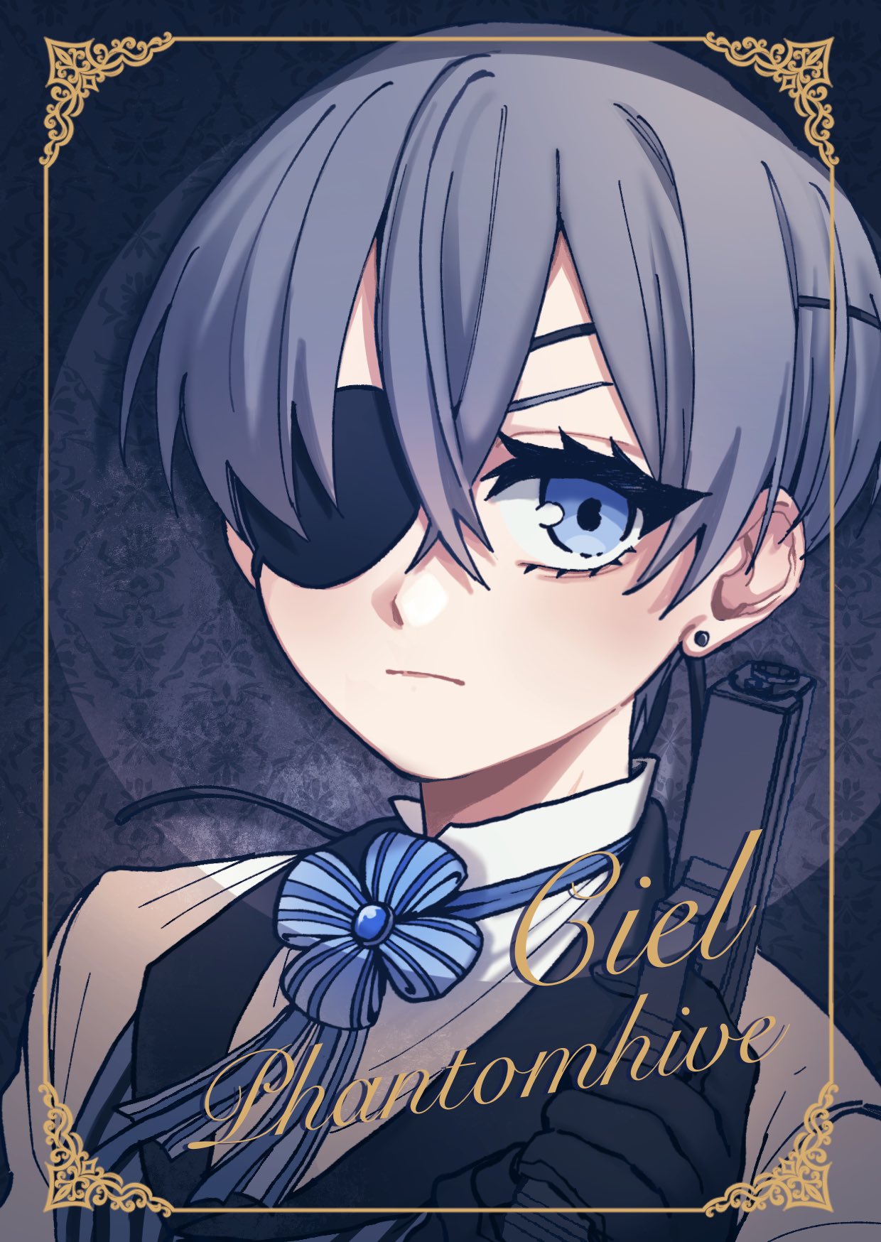 1boy, bishounen, blue_background, blue_eyes, blue_hair, blue_ribbon, border, character_name