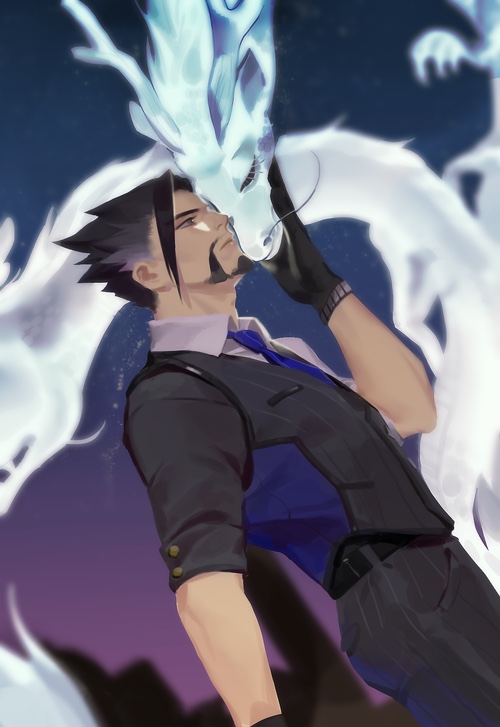 1boy, alternate_costume, beard, black_gloves, black_hair, black_pants, blue_necktie, caress, dragon, dress_shirt, dutch_angle, eastern_dragon, facial_hair, formal, gloves, hanzo_(overwatch), looking_at_animal, male_focus, necktie, overwatch, pants, scion_hanzo, scupid, shirt, short_hair, sleeves_rolled_up, vest, white_shirt